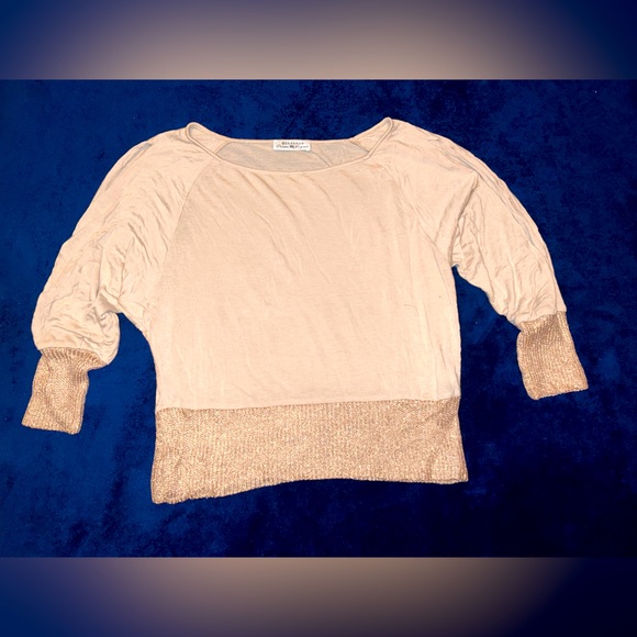 Parasuco | cream/gold knit 3/4 sleeve with slit, cotton blend crew neck - Picture 1 of 9